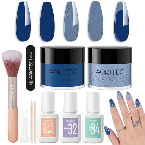 Aokitec Kit per unghie in polvere a immersione, blu e luccicante, con liquido per unghie, kit per nail art, facile da trasportare e usare, set per unghie in acrilico, regalo per donne e ragazze