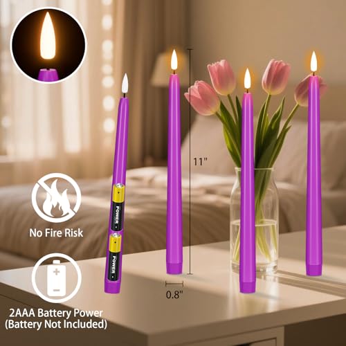 Image of Wondise Halloween Flameless Taper Candles with Remote & Timer, 4 Pack Purple Battery Operated LED Candles with 3D Wick Flickering for Halloween Decorations Gift