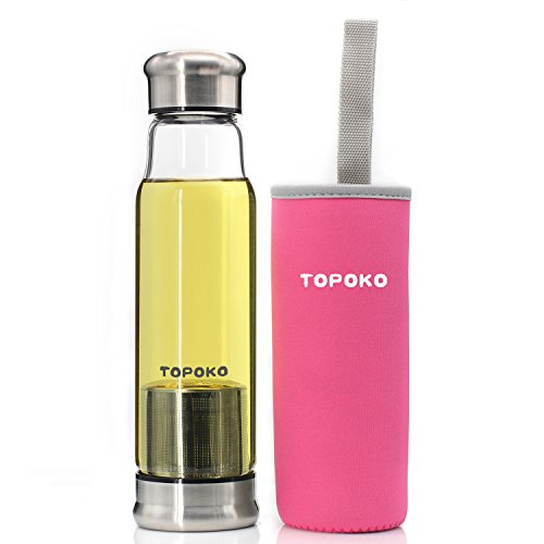 TOPOKO Handmade 18.5 Oz Glass Water Bottle-Extra Strong Crystal Glass Bottle Tea Cup with Tea Infuser Tea Strainer Tea Bottle and Handmade Colorful Handle Nylon Sleeve (Pink)