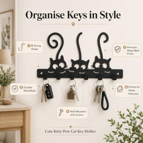 Image of Key Holder for Home, Metal Wall Mounted, 6 Hooks (Kitty Pow) | Cat Design, Includes Mounting Screws, For Home Use, 6 Hook Hanger, Metal Construction