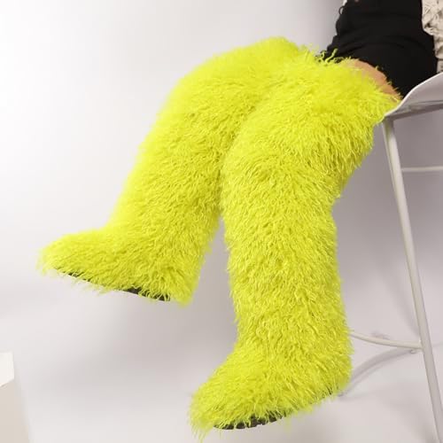 Image of Black Thigh High Fur Boots, Over the Knee Fluffy High Boots, Tall Furry shoes for Women