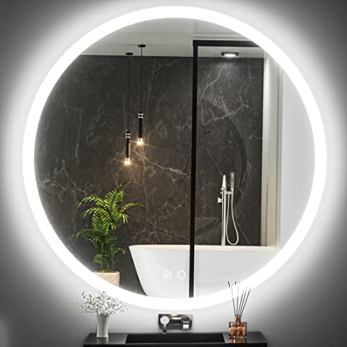 Keonjinn 28 Inch Round LED Mirror, Circle Frontlit Bathroom Mirror with Lights, Anti-Fog LED Circle Mirrors, Dimmable Illuminated Wall Mounted Lighted Vanity Mirrors