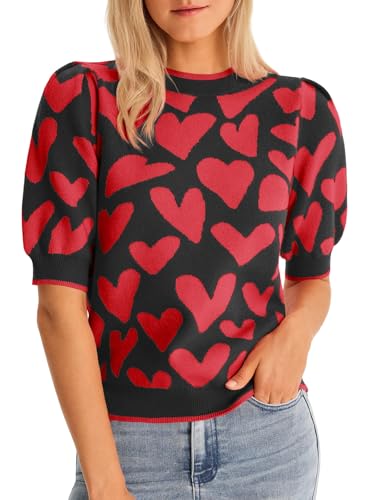 Saodimallsu Womens Puff Short Sleeve Heart Sweater Valentines Crew Neck Graphic Knit Pullover Crop Tops Black