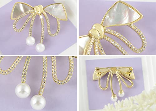 Image of Alilang Cubic Zirconia Bridal Natural Seashell Bowknot Brooches Pins Crystal Rhinestones Vintage Women Accessory