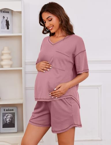 Image of Womens Pajama Sets Waffle Knit 2 Piece Short Lounge Set Cute Sleep Loungewear Pjs Set Short Sleeve Top and Shorts