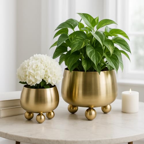 Flower Pots and Planters for Home Decor Modern Plant Pots for Indoor and Outdoor Succulents Herbs and Ferns Pots for Indoor Plant Stand Ideal for Garden Patio or Room Set of 2 9 7 Gold