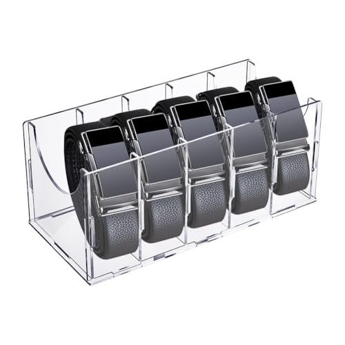 UNICRAFTALE Acrylic Belt Organizer Belt Storage Holder Display Case with 5 Compartments Storage Holder Clear Containers for Watches Tie Jewelry and Accessories for Closet