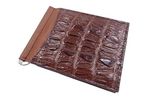 Genuine Crocodile Tail Skin Money Clip Slim Bifold Wallet (Mahogany Brown)