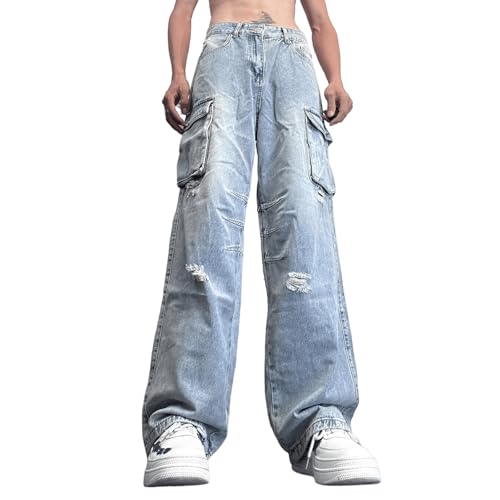 Men's Baggy Y2K Hip Hop Straight Leg Ripped Jeans Trousers Teen Boys 90s Loose Fit Cargo Denim Pants Streetwear