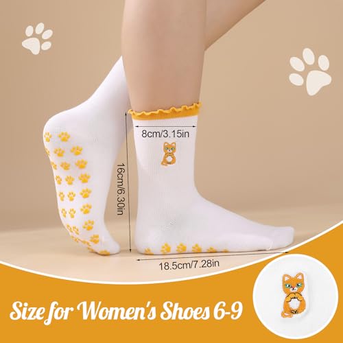 Jspupifip 6 Pairs Cute Pilates Socks with Grips for Women Non Slip Ruffle Yoga Socks Embroidery Cats Athletic Crew Grippy Sock for Barre Ballet Barefoot Workout Hospital2