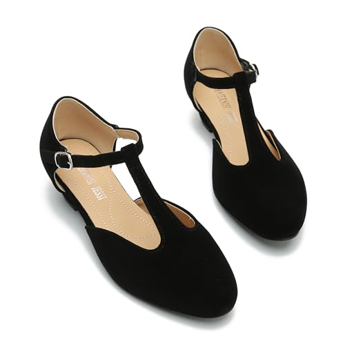 Image of MAIERNISI JESSI Women's T-Strap Mary Jane Pumps, Low Block Heel, Closed Toe, Buckle Ankle Strap