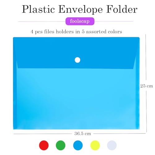 Image of Shuban Document File Folders with Snap Button Closure, Waterproof Plastic Envelope Pouches for Letter /A4 Size Paper, Assorted Transparent Colors (Style-5-Plain Transparent Folder-4Pcs-Mix Color)