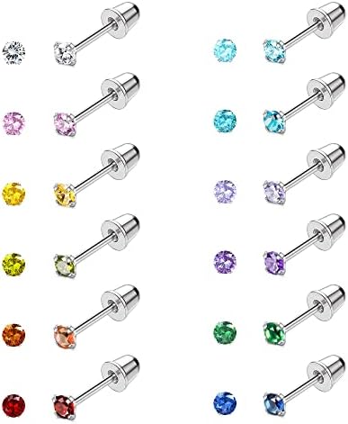 JeryWe 12 Pairs Screw Back Earrings for Women Stainless Steel Multicolored Cubic Zirconia Earrings 3mm /4mm/5mm Stud Earrings with Safety Backs Hypoallergenic Earrings for Girls