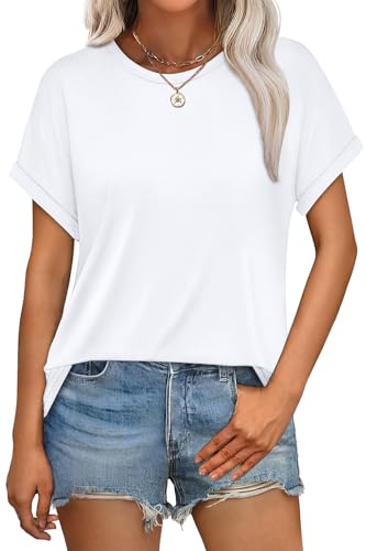 WEESO Womens T Shirts Crew Neck Rolled Short Sleeve Basic Summer Tops 2025 Casual Tees Curved Hem