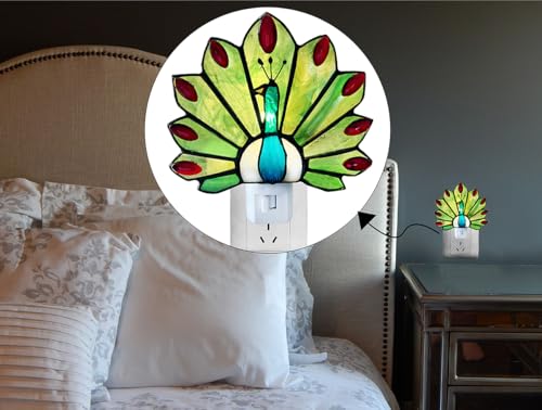 Image of Tiffany Stained Glass Peacock Night Light WKD1003 (Green、Red) Peacock Night Light, Stained Glass,