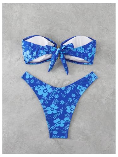MakeMeChic Women's Floral Bikini Sets Strapless Bandeau Ring Metal Ruched Bathing Suit 2 Piece Swimsuits2