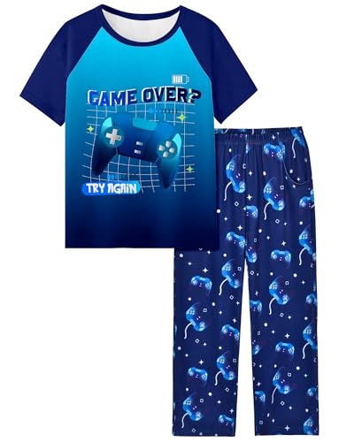 Fiodrimy Boys Pajamas Little Big Boys Short Sleeves and Pants Pajamas 2-Piece Pjs Set Kids Sleepwear Size 8-14