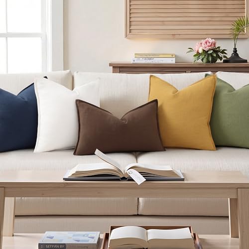 Image of decorUhome Fall Decorative Linen Throw Pillow Covers 12x20 Inch Set of 2 Chocolate Lumbar Pillow Covers with Flange Edges Soft Farmhouse Boho Accent Pillow Cases for Couch Bed Living Room