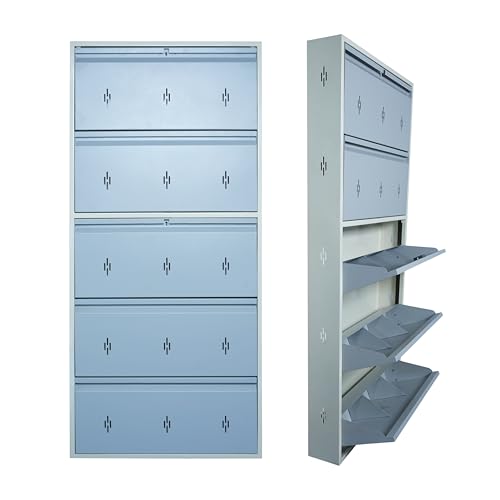 Image of Metal Shoe Rack with Door | Fits Size 12 Shoes | 30 Inch Wide Wall Mounted Steel Cabinet | CRC Heavy Duty Powder Coated | 3 Compartments Per Shelf | Chappal Organizer (Pastel Blue, 5 Doors)