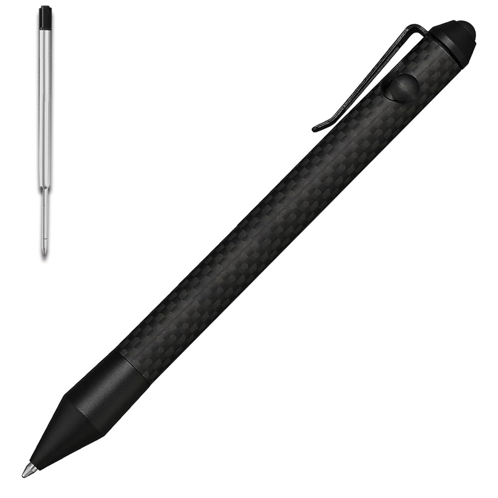 5.9'' Bazooka Style Bolt Action Pen with Stylus for Touchscreen, Carbon Fiber Body, w/Pocket Clip, Ballpoint Ink Refillable, Glass Breaker Replaceable Parts Included, Black