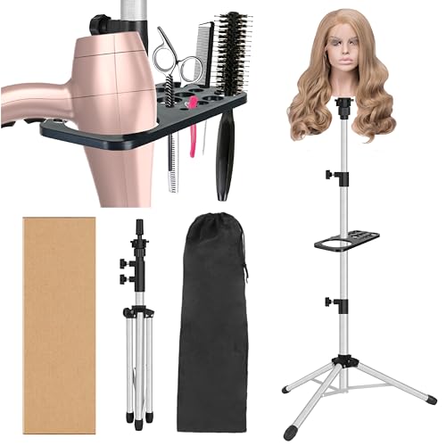 ZQIAN BEAUTY Wig Stand Tripod 50 Inch Metal Wig Mannequin Head Tripod Stand For Hairdressing Training Head Adjustable Wig Tripod Stand with Tool Tray (Silvery, Mannequin Head Not Included)