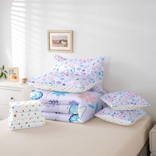 Image of Erosebridal Flying Butterflies 7 Pieces Bedding Set King Size,Pink and Blue Bed in a Bag,Cartoon Garden Floral Bed Set Includes Comforter,Sheet Set,Pillowcases & Pillow Covers,Wildlife Bedroom Decor