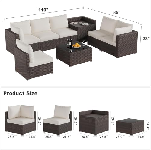 Image of GAOMON 8 Piece Patio Furniture Set, Wicker Outdoor Sectional Sets, Glass Top Table with Hidden Storage, Patio Conversation Furniture Sets for Garden Poolside Backyard