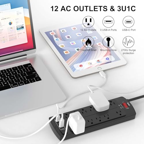 Image of 6 Feet Extension Cord Power Strip, Yintar Surge Protector with 12 AC Outlets and 4 USB Ports, 2700 Joules, ETL Listed, Black