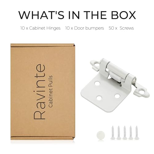 Image of Ravinte 10 Pack (5 Pairs) 1 /2 inch Overlay Cabinet Hinges, Self-Closing Semi-Concealed Face Mount, White Decorative Hardware with Door Bumpers for Kitchen & Cupboard Doors