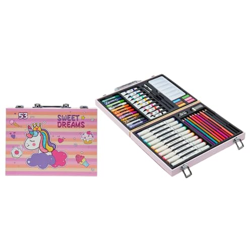 Image of Sweet Dreams Art Set, 53 Pieces, Unicorn Theme, Includes Palette, Powder, Brush, Watercolor Paint, Oil Painting Stick, Eraser, Pencil Sharpener, Color Lead, Pink Carry Case