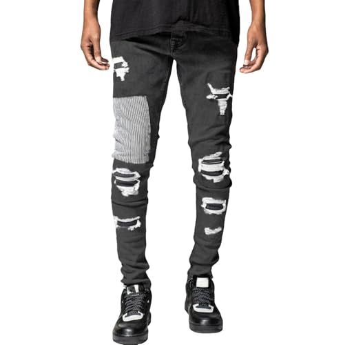 Jeans Pants Trousers Denim Ripped Stretchy Tight Fitting Trendy Personalized Fringed Small Leg for Men