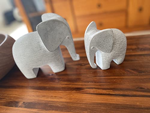 Huey House Elephant Sculptures - 2Pcs (6" H & 5" H) - Handcrafted Shelf Decor Figurines - Light Gray #TOP7