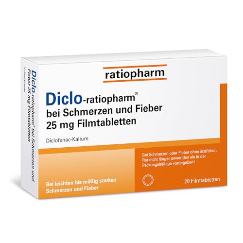 Diclo-ratiopharm 25 mg Filmtabletten: Lindern Schmerzen und wirken fiebersenkend sowie entzündungshemmend. Mit dem Wirkstoff Diclofenac. 20 Filmtabletten