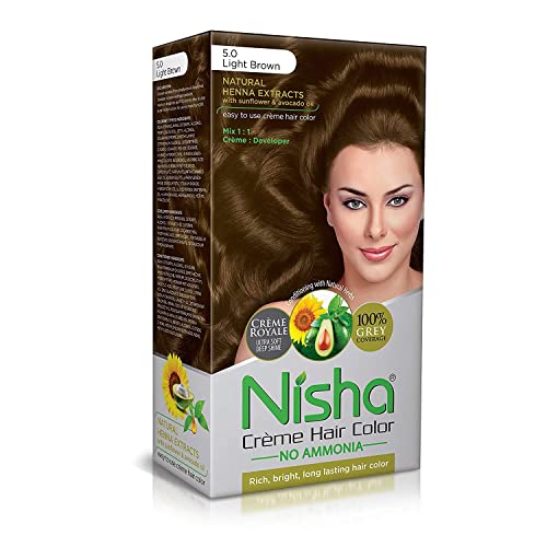 Image of Nisha Creme Hair Color, Permanent Hair Colour Light Brown, Silky & Shiny 100% Grey Coverage & Ammonia Free Color With Natural Henna Extract, 60G+60Ml