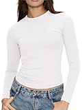 Long Sleeve Shirts for Women Fall Fashion Basic Crop Top Womens Going Out Outfits Y2k Clothes, White, M