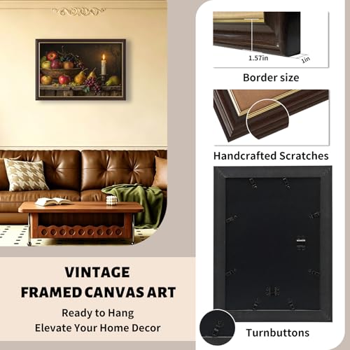 Image of Antique Framed Fruit Still Life Canvas Art, Candlelit Rustic Farmhouse Oil Painting Canvas Prints, Vintage Kitchen Wall Decor Pictures for Living Room Bedroom Home