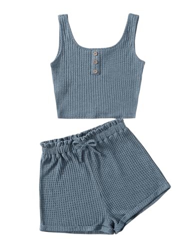 Image of RoseSeek Girl's 2 Piece Outfits Waffle Knit Scoop Neck Button Down Crop Tank Tops Paperbag Waist Track Shorts