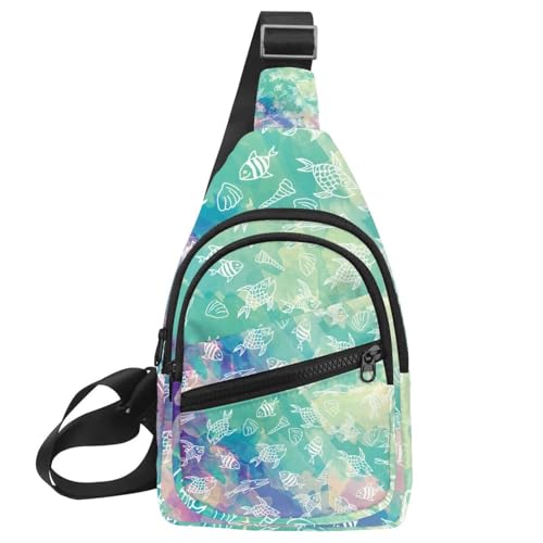 Bolso bandolera cruzado unisex con estampado artístico de peces morados y verdes