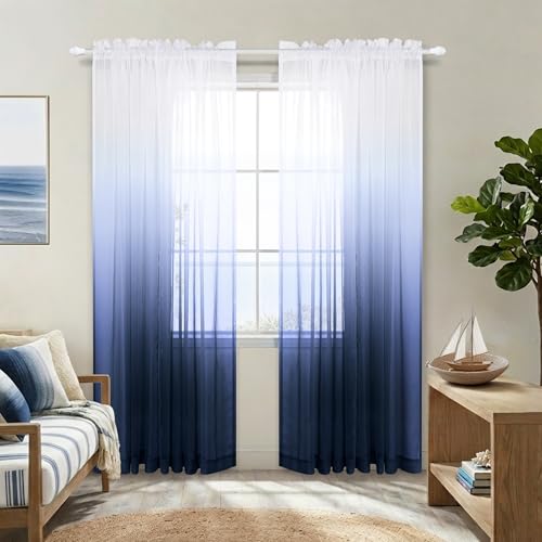 Navy and White Curtains for Living Room Set 2 Panels Rod Pocket Window Ombre Coastal Sheer Curtains...