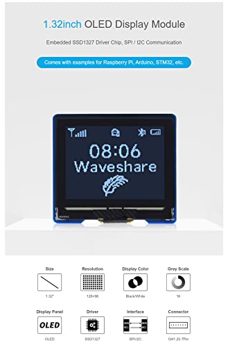 Image of 1.32 Inch OLED Display Module for Raspberry Pi /Arduino /STM32 128x96 16 Gray Scale SPI I2C Interface
