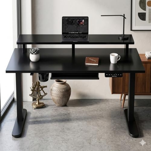 Image of Electric Height Adjustable Standing Desk with Cable Tray, Ergonomic Sit Stand Home Office Desk, Motorized Table (Black-Black Frame, 120X60CM)
