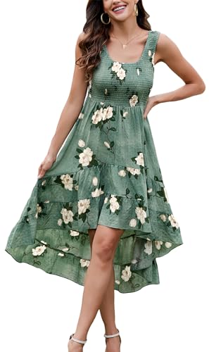 Image of Kormei Women's Casual Smocked Tank Dress Sleeveless High Low Flowy Summer Beach Tiered Loose Maxi Long Dresses L Green Floral