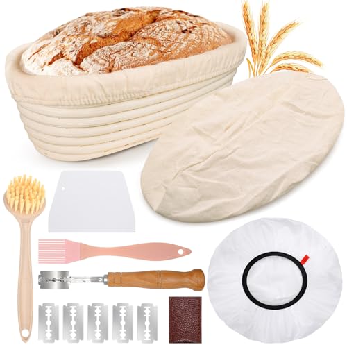 Mispudin Banetones para Pan Ovalado 28cm para 700g Masa, Set Cesta Pan Hecho Mano Ratán con Lino, Tapas, Raspador, Cuchillo Lame, Cesta de Fermentación de Iniciación Perfecto