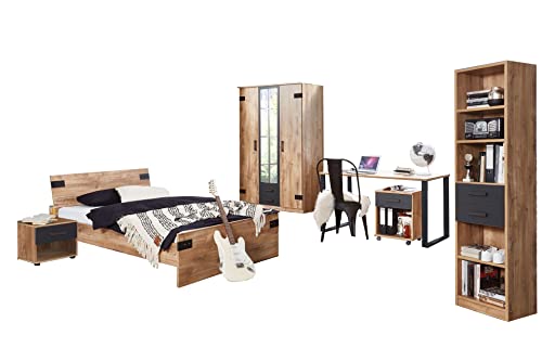 Modernes Jugendzimmer Liverpool in Plankeneiche und Graphit – Stilvolles Kinderzimmer Set mit wahlweise Matratze und Lattenrost (8 teilig Drehtürenkleiderschrank + 90er)