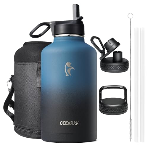 Botella de agua isotérmica de 2L, Coolflask Botella de agua con pajita y 3 tapas, Botella de agua fría y caliente de acero inoxidable con doble aislamiento al vacío y a prueba de fugas, Negro índigo
