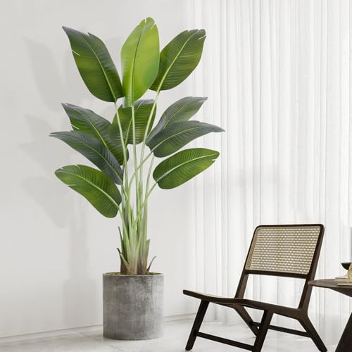 Image of Artificial Bird of Paradise Plant 5Ft Tall Fake Tropical Palm Tree Large Fake Plants with 10 Silk Banana Leaves Faux Plant Indoor Decor Trees with White Pot for Home Bedroom Living Room Office