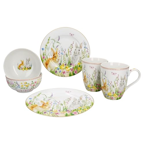 MamboCat Happy Easter 6tlg Frühstücksset I Je 2X österliche kleine Teller, Schalen & Kaffeebecher für 2 Personen I buntes Oster-Geschirr für Frühstücks- & Kaffeezeit I mit Hasen, Küken & Co.