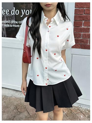 SweatyRocks Girl's Heart Print Button Down Shirt Dolman Short Sleeve Summer Blouses4