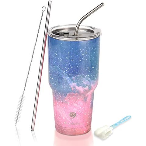 Dee duoduo 30 oz Tumbler Double Wall Stainless Steel Vacuum Insulated Coffee Cup with Splash-Proof Lid, 2 Metal Straws and Brush, Travel Mug for Home Office School (Starry Night-Pink) Cover