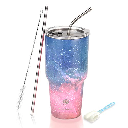 30 oz Tumbler Double Wall Stainless Steel Vacuum Insulated Coffee Cup with Splash-Proof Lid 2 Metal Straws and Brush Travel Mug for Home Office School Starry Night-Pink